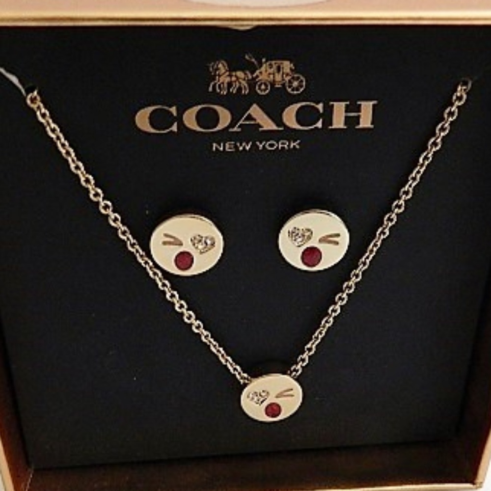 COACH Emoji Winky Necklace & Earring Set NWTs